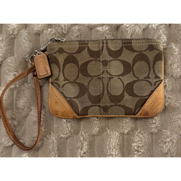 Coach Handbags - Coach Signature Brown Leather Corner Zip Wristlet